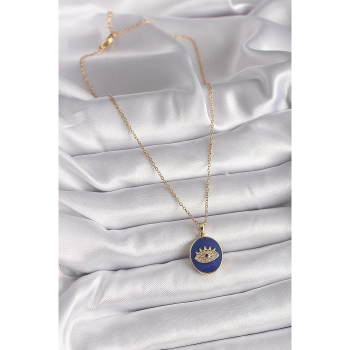 Dodes Dodes 316L Çelik Gold Renk Zincir Mavi Mineli Zirkon Taşlı Göz İşleme Kadın Kolye TG27BKO9505