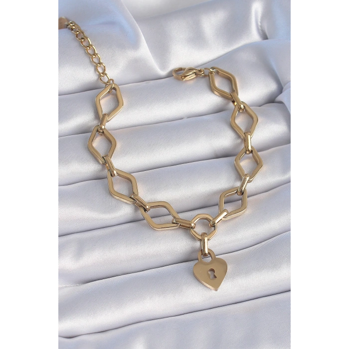 Dodes Dodes 316L Çelik Gold Renk Zincir Model Kilit Kalp Figür Kadın Bileklik TG27BB6434
