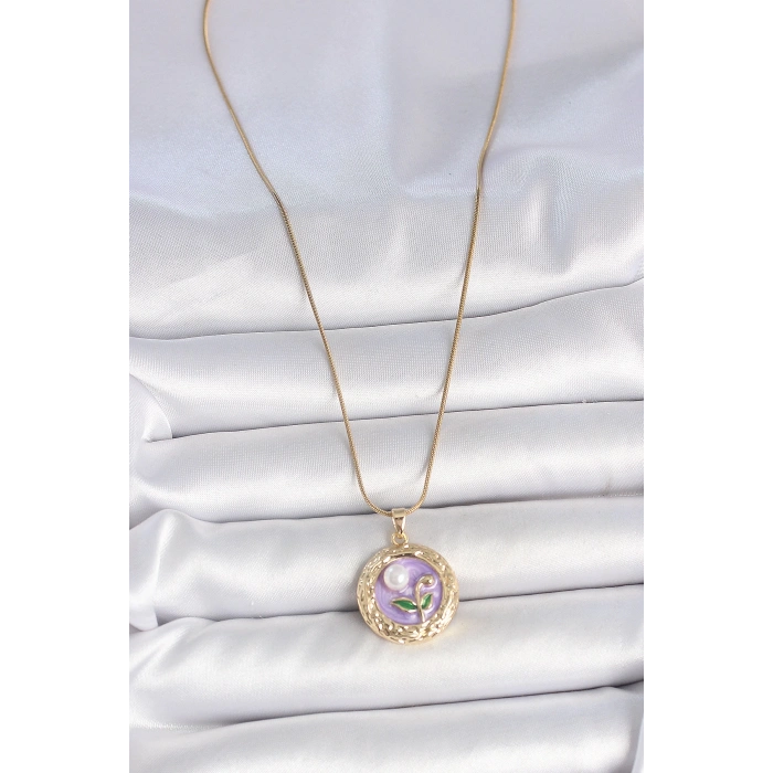 Dodes Dodes 316L Çelik Gold Renk Zincir Mor Çiçek İşlemeli İnci Detay Potre Model Kadın Kolye TG27BKO10081