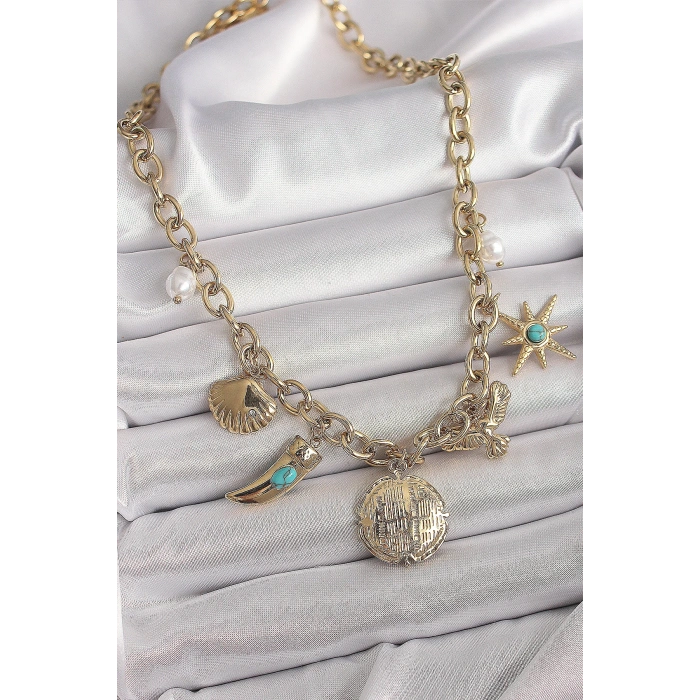 Dodes Dodes 316L Çelik Gold Renk Zincir Sallantılı Çoklu Figür Model Kadın Kolye TG27BKO9849