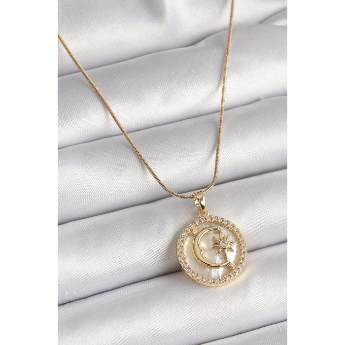 Dodes Dodes 316L Çelik Gold Renk Zincir Zirkon Taş Detaylı Beyaz Sedefli Ay Yıldız Model Kadın Kolye TG27BKO9638