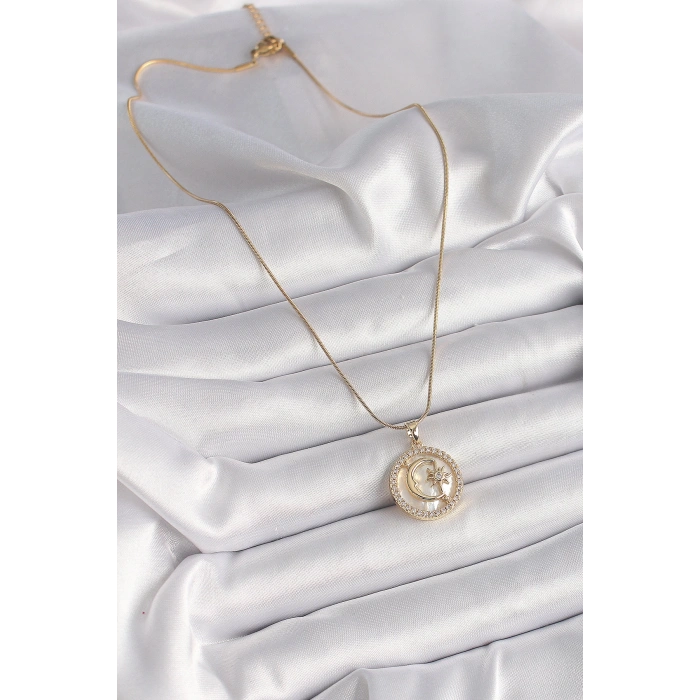 Dodes Dodes 316L Çelik Gold Renk Zincir Zirkon Taş Detaylı Beyaz Sedefli Ay Yıldız Model Kadın Kolye TG27BKO9638