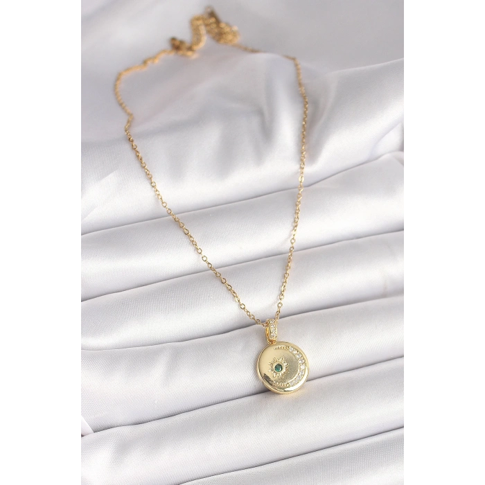 Dodes Dodes 316L Çelik Gold Renk Zincir Zirkon Taş İşlemeli Hilal Yıldız İşlemeli Madalyon Model Kadın Kolye TG27BKO9952