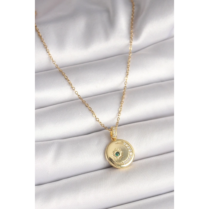 Dodes Dodes 316L Çelik Gold Renk Zincir Zirkon Taş İşlemeli Hilal Yıldız İşlemeli Madalyon Model Kadın Kolye TG27BKO9952