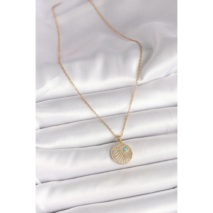 Dodes Dodes 316L Çelik Gold Renk Zincir Zirkon Taş İşlemeli Mavi Taş Detaylı Madalyon Model Kadın Kolye TG27BKO9964