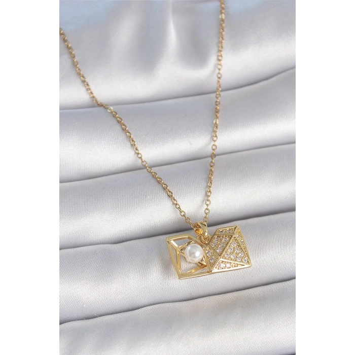 Dodes Dodes 316L Çelik Gold Renk Zincir Zirkon Taşlı Açılır İncili Elmas Model Kadın Kolye TG27BKO10049