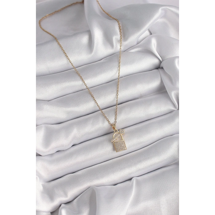 Dodes Dodes 316L Çelik Gold Renk Zincir Zirkon Taşlı Asma Kilit Anahtar Model Kadın Kolye TG27BKO9585