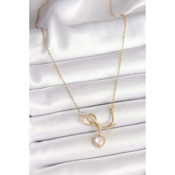 Dodes Dodes 316L Çelik Gold Renk Zincir Zirkon Taşlı Düğüm Sallantı Kalp Model Kadın Kolye TG27BKO9857