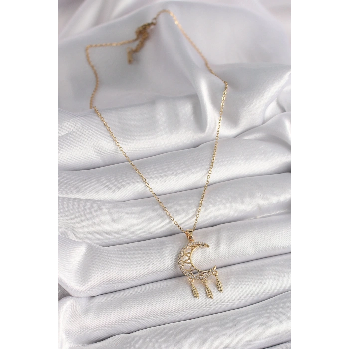 Dodes Dodes 316L Çelik Gold Renk Zincir Zirkon Taşlı Hilal Model Sallantı Yaprak Detay Kadın Kolye TG27BKO9650