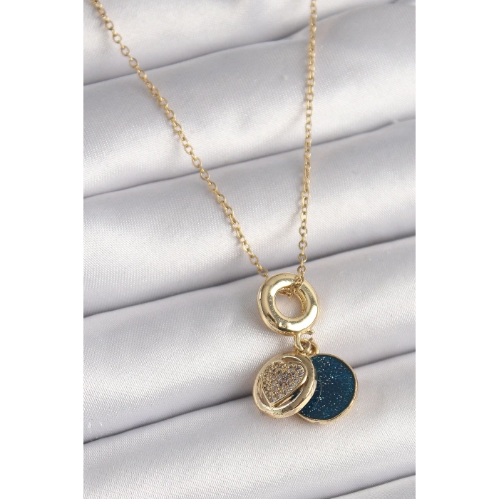 Dodes Dodes 316L Çelik Gold Renk Zincir Zirkon Taşlı Kalp Model Mavi Simli Kadın Kolye TG27BKO9640