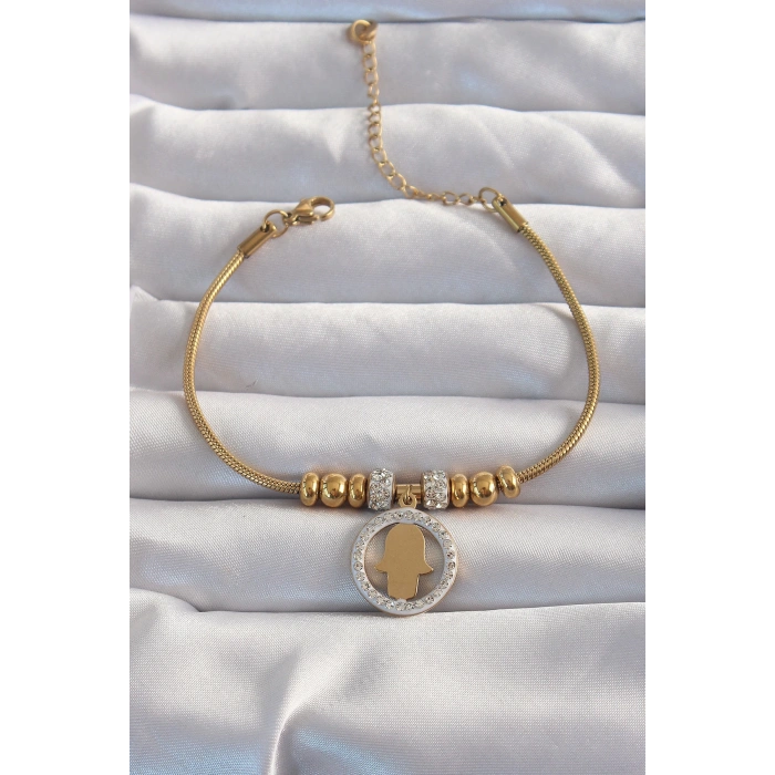 Dodes Dodes 316L Çelik Gold Renk Zirkon Taş Aksesuarlı Fatma Ana Eli Bileklik TG27BB6233