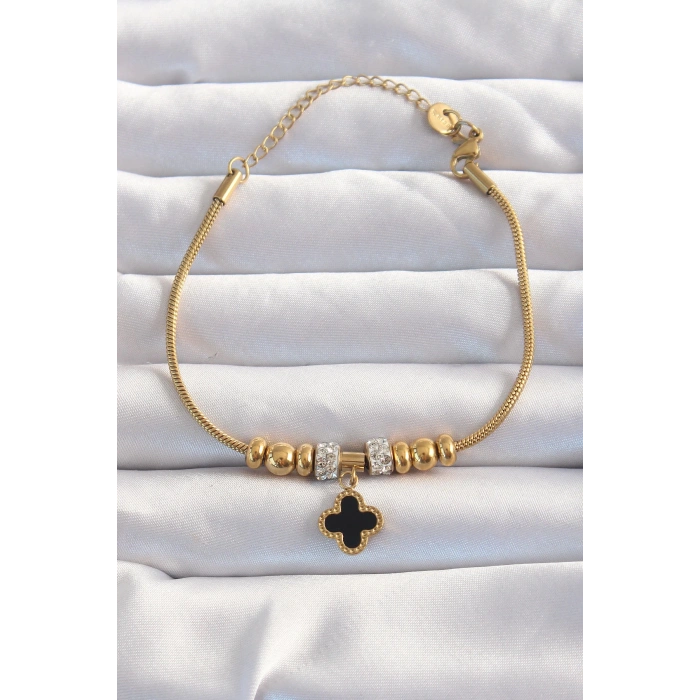 Dodes Dodes 316L Çelik Gold Renk Zirkon Taş Aksesuarlı Siyah Mineli Yonca Bileklik TG27BB6229