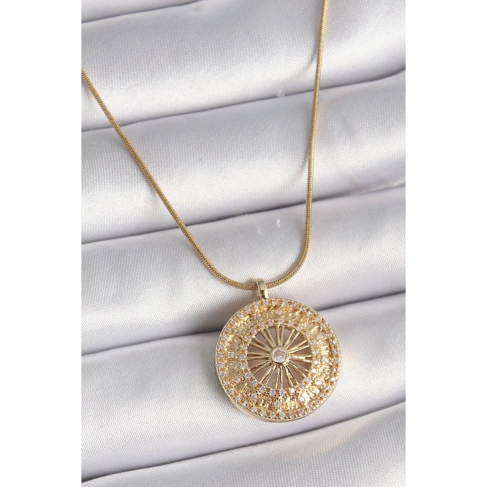 Dodes Dodes 316L Çelik Gold Renk Zirkon Taşlı 12 Burç Madalyon Model Kadın Kolye TG27BKO9542