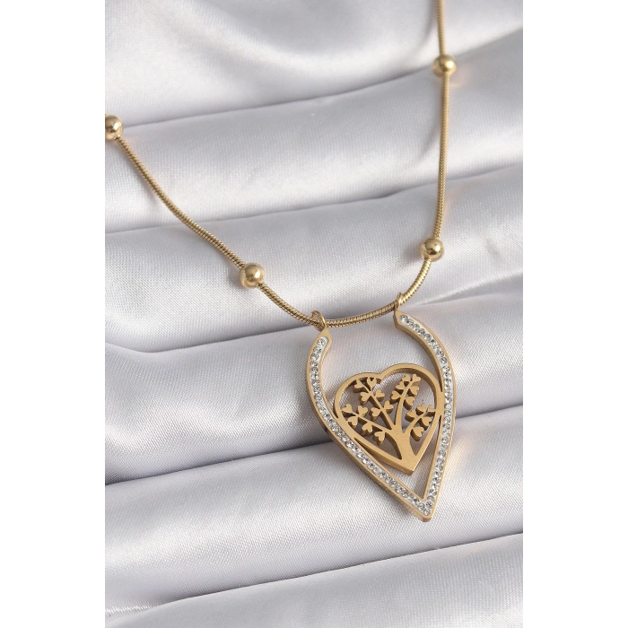 Dodes Dodes 316L Çelik Gold Renk Zirkon Taşlı Detaylı Kalp Fidan Model Kadın Kolye TG27BKO9405