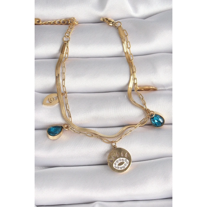 Dodes Dodes 316L Çelik Gold Renk Zirkon Taşlı Göz İşleme Figür Kadın Bileklik TG27BB6501