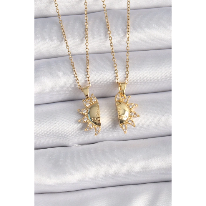 Dodes Dodes 316L Çelik Gold Renk Zirkon Taşlı Güneş Model İşleme Yazı Detay Arkadaş Kolyesi TG27BKO9288