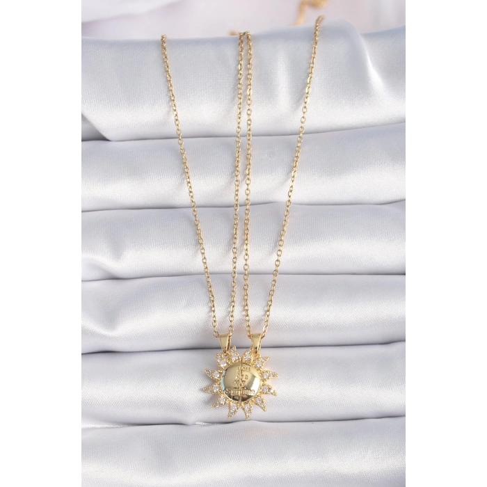 Dodes Dodes 316L Çelik Gold Renk Zirkon Taşlı Güneş Model İşleme Yazı Detay Arkadaş Kolyesi TG27BKO9288