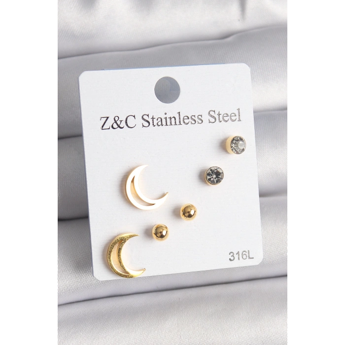 Dodes Dodes 316L Çelik Gold Renk Zirkon Taşlı Hilal Model Kadın Küpe Seti TG27BKP10009