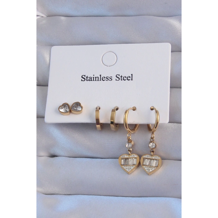Dodes Dodes 316L Çelik Gold Renk Zirkon Taşlı Kalp Model Halka Küpe Seti TG27BKP9151