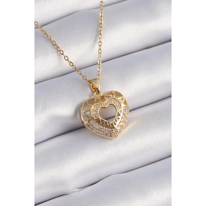 Dodes Dodes 316L Çelik Gold Renk Zirkon Taşlı Kalp Model Vintage Kadın Kolye TG27BKO9325