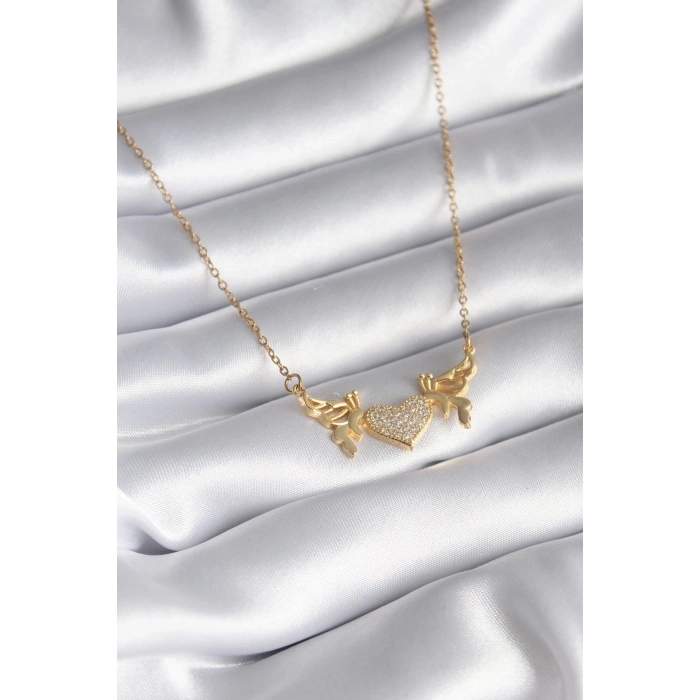 Dodes Dodes 316L Çelik Gold Renk Zirkon Taşlı Kanatlı Kalp Model Kadın Kolye TG27BKO8290