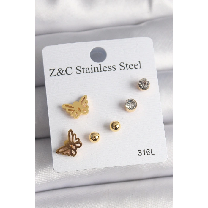 Dodes Dodes 316L Çelik Gold Renk Zirkon Taşlı Kelebek Figür Kadın Küpe Seti TG27BKP10007