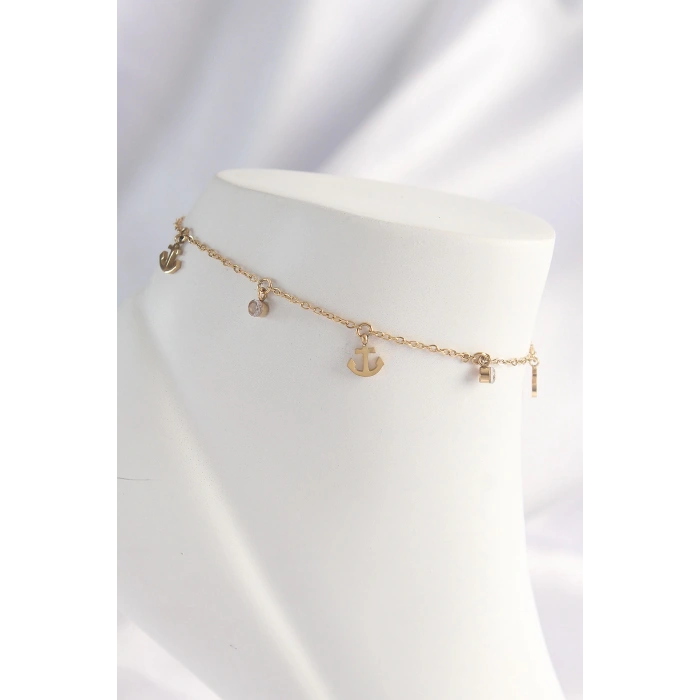 Dodes Dodes 316L Çelik Gold Renk Zirkon Taşlı Minimal Çapa Tasarımlı Halhal TG27HH1605