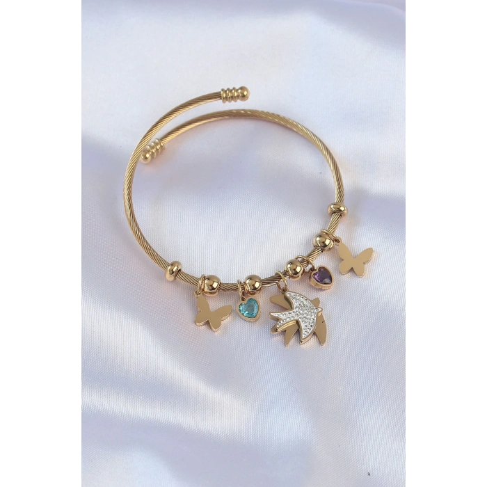 Dodes Dodes 316L Çelik Gold Renk Zirkon Taşlı Minimal Kalp Detay Kelebek Charm Bileklik TG27BB6091
