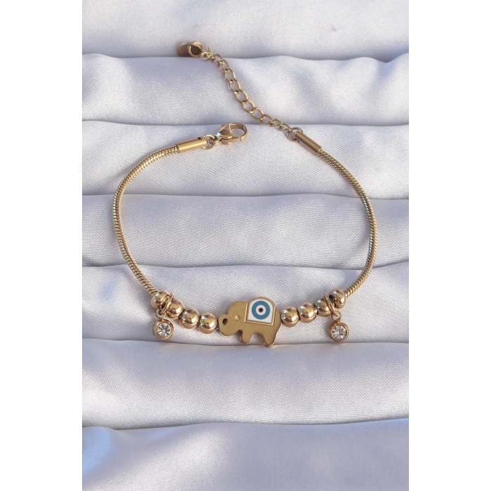Dodes Dodes 316L Çelik Gold Renk Zirkon Taşlı Nazarlı Fil Tasarımlı Bileklik TG27BB6202