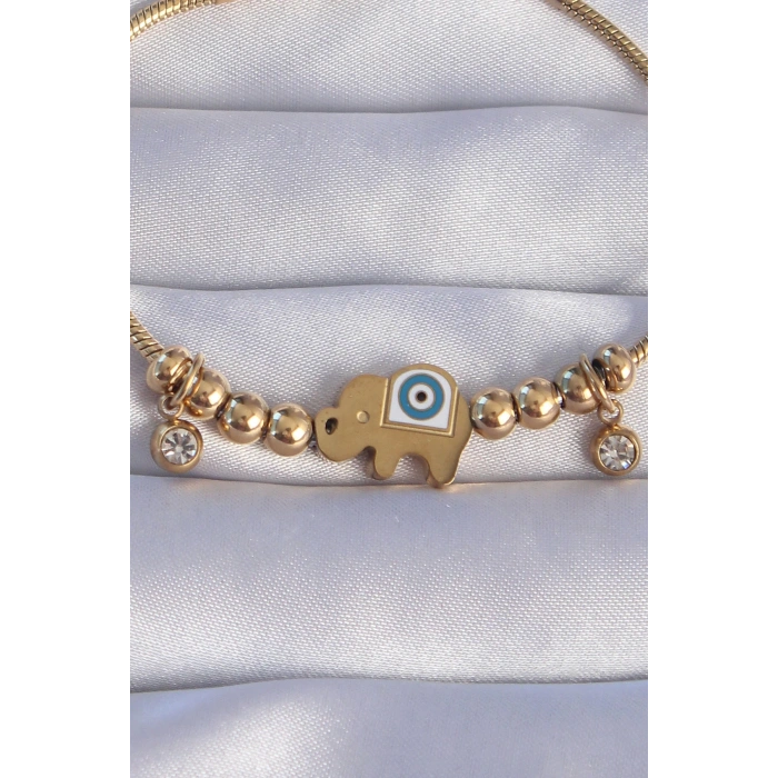 Dodes Dodes 316L Çelik Gold Renk Zirkon Taşlı Nazarlı Fil Tasarımlı Bileklik TG27BB6202