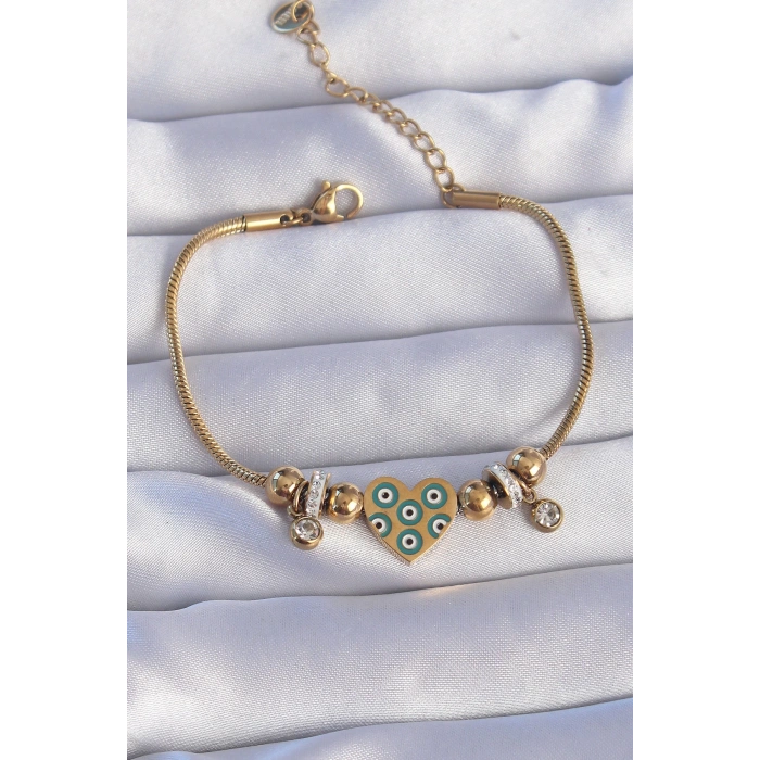 Dodes Dodes 316L Çelik Gold Renk Zirkon Taşlı Nazarlı Kalp Tasarımlı Bileklik TG27BB6199