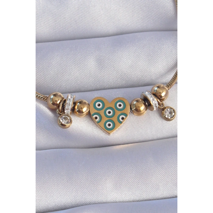 Dodes Dodes 316L Çelik Gold Renk Zirkon Taşlı Nazarlı Kalp Tasarımlı Bileklik TG27BB6199