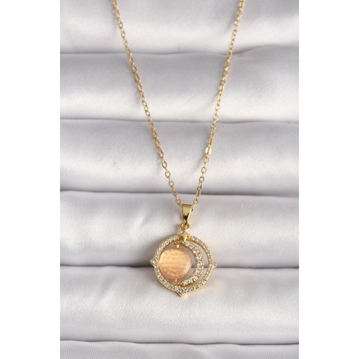 Dodes Dodes 316L Çelik Gold Renk Zirkon Taşlı Turuncu Sedefli Hilal Model Kadın Kolye TG27BKO9704