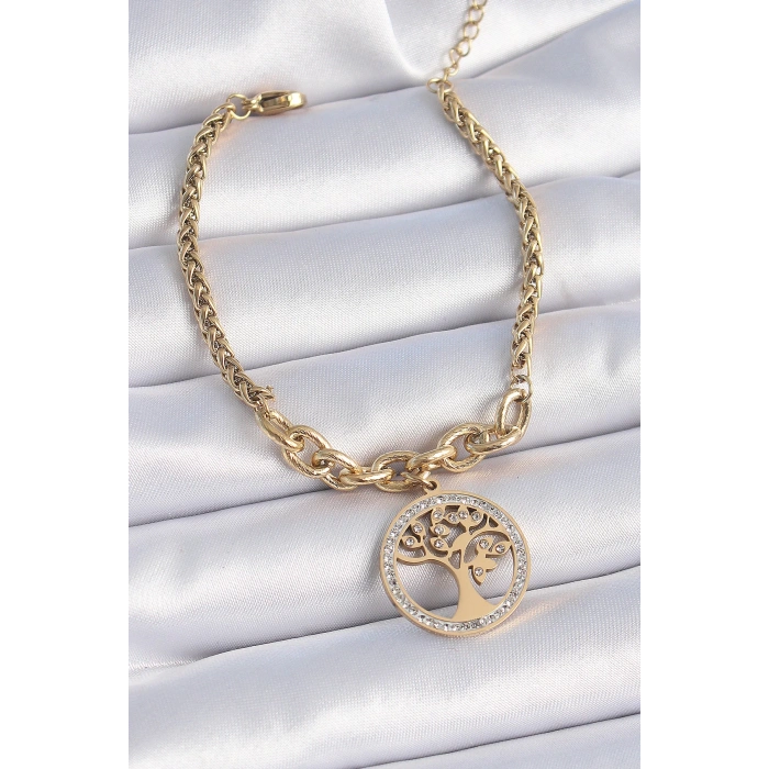 Dodes Dodes 316L Çelik Gold Renk Zirkon Taşlı Yaşam Ağacı Figür Kadın Bileklik TG27BB6452