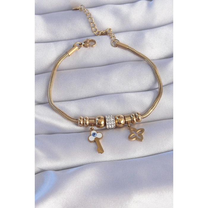 Dodes Dodes 316L Çelik Gold Renk Zirkon Taşlı Yonca Detay Nazarlı Anahtar Tasarımlı Bileklik TG27BB6203