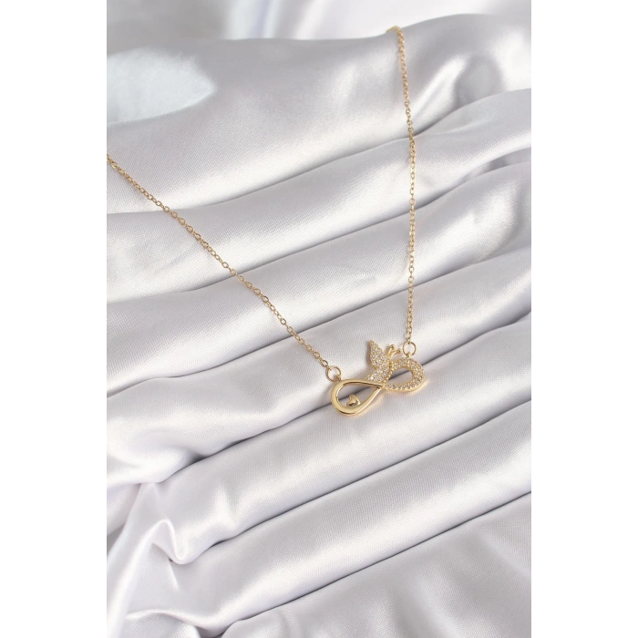 Dodes Dodes 316L Çelik Gold Renk Zirkon Zincir Taşı Sonsuzluk Kelebek Model Kadın Kolye TG27BKO8386