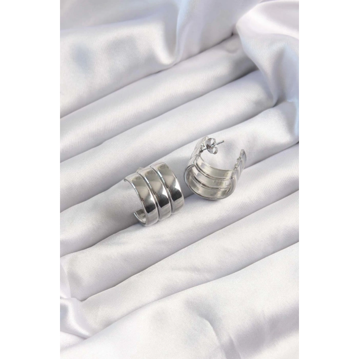 Dodes Dodes 316L Çelik Gümüş Renk 3lü Görünüm Bombe Model Yarım Halka Küpe TG27BKP9490
