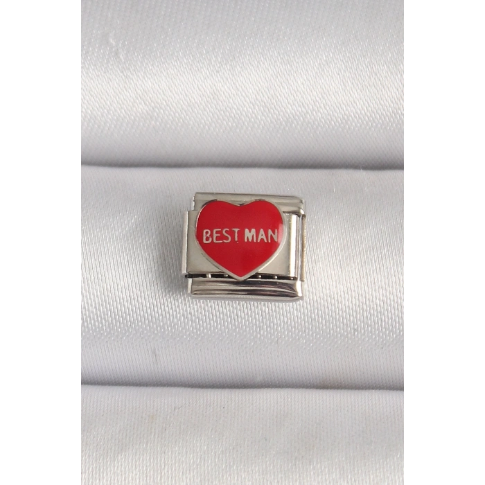 Dodes Dodes 316L Çelik Gümüş Renk Best Man Yazılı Kırmızı Kalp İşlemeli Nomination Charm TG27BC1208