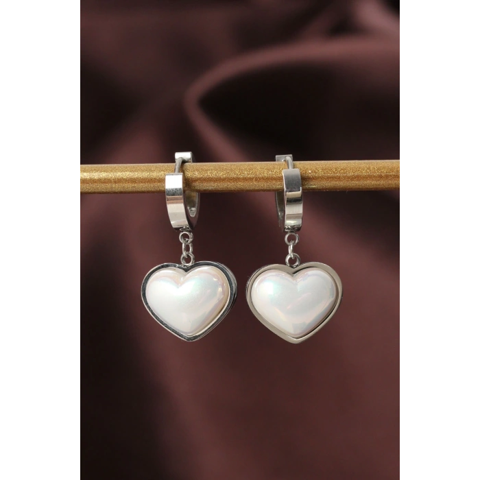 Dodes Dodes 316L Çelik Gümüş Renk Beyaz Bombeli Kalp Küpe TG27BKP6316