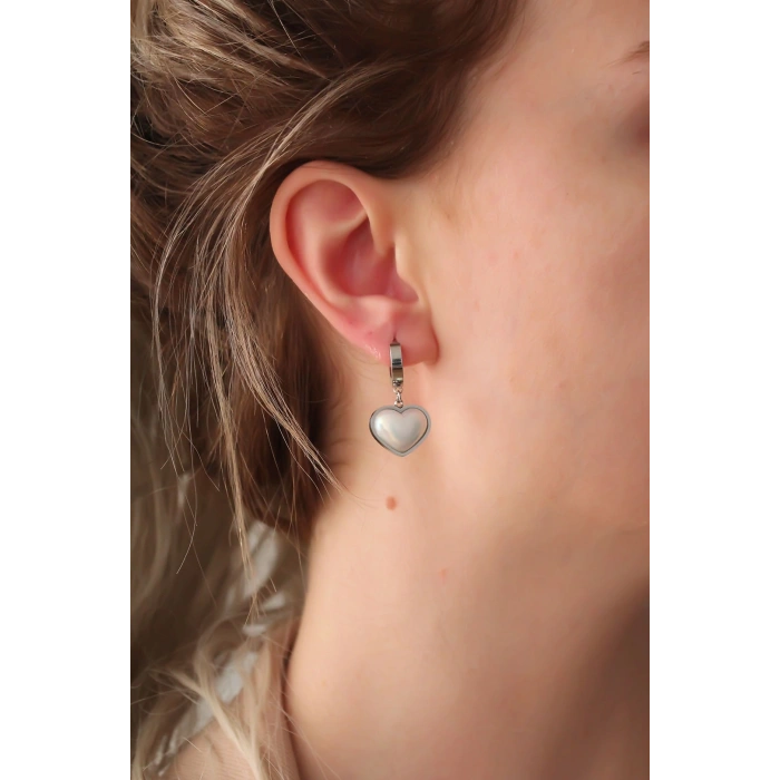 Dodes Dodes 316L Çelik Gümüş Renk Beyaz Bombeli Kalp Küpe TG27BKP6316