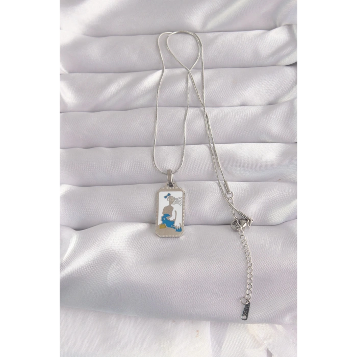 Dodes Dodes 316L Çelik Gümüş Renk Beyaz Mineli Kız Figür Tarot Kolye TG27BKO9049