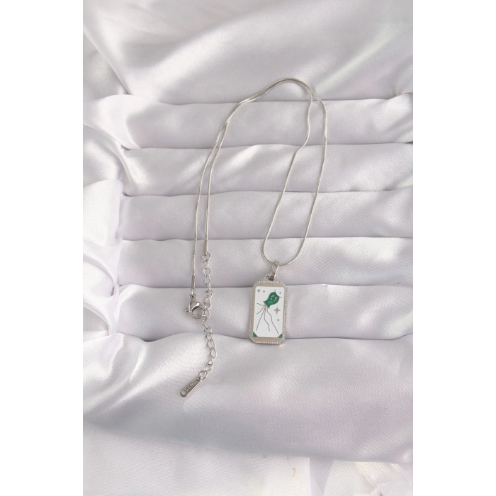 Dodes Dodes 316L Çelik Gümüş Renk Beyaz Mineli Tarot Kolye TG27BKO9048