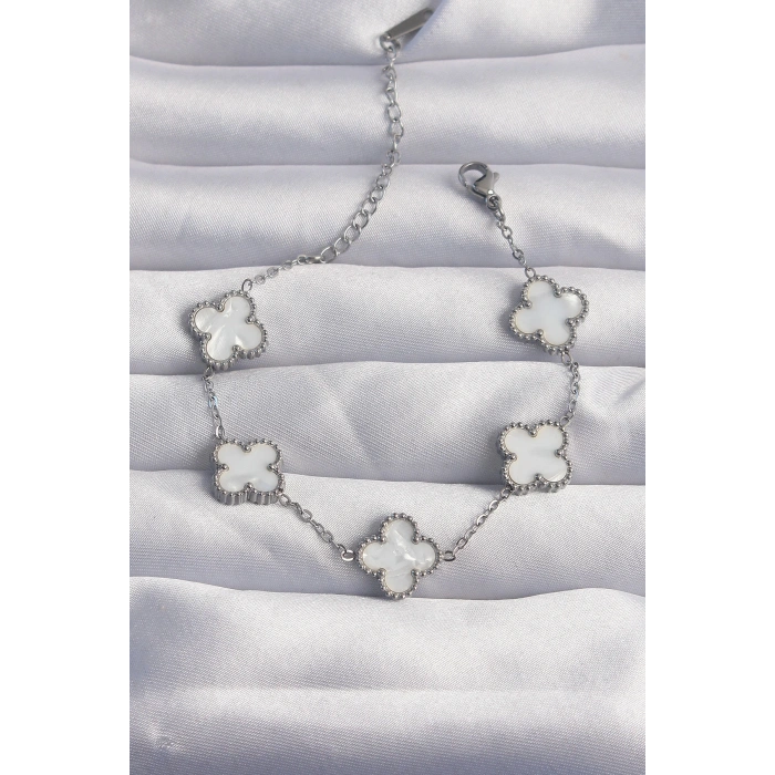 Dodes Dodes 316L Çelik Gümüş Renk Beyaz Sedefli Yonca Bileklik TG27BB6261