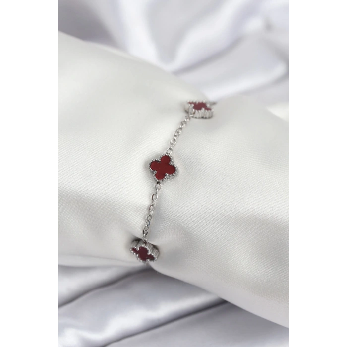 Dodes Dodes 316L Çelik Gümüş Renk Bordo Baby Boy Yonca Kadın Bileklik TG27BB7951