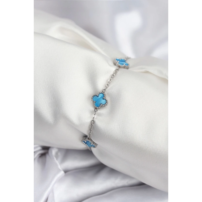 Dodes Dodes 316L Çelik Gümüş Renk Buz Mavisi Baby Boy Yonca Kadın Bileklik TG27BB7949