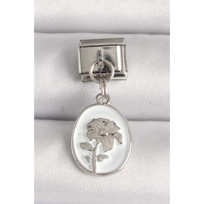 Dodes Dodes 316L Çelik Gümüş Renk Çiçek İşlemeli Beyaz Portre Model Nomination Charm TG27BC1214