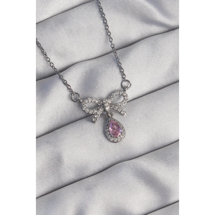 Dodes Dodes 316L Çelik Gümüş Renk Fiyonk Detay Pembe Zirkon Taşlı Damla Kolye TG27BKO8921
