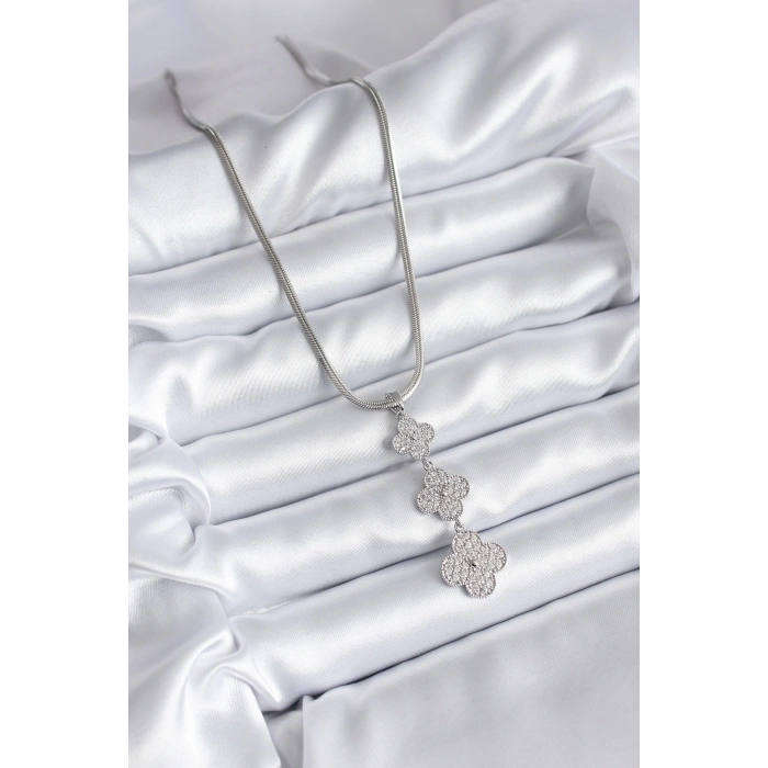 Dodes Dodes 316L Çelik Gümüş Renk İtalyan Zincir Zirkon Taşı Yonca Model Kadın Kolye TG27BKO8152