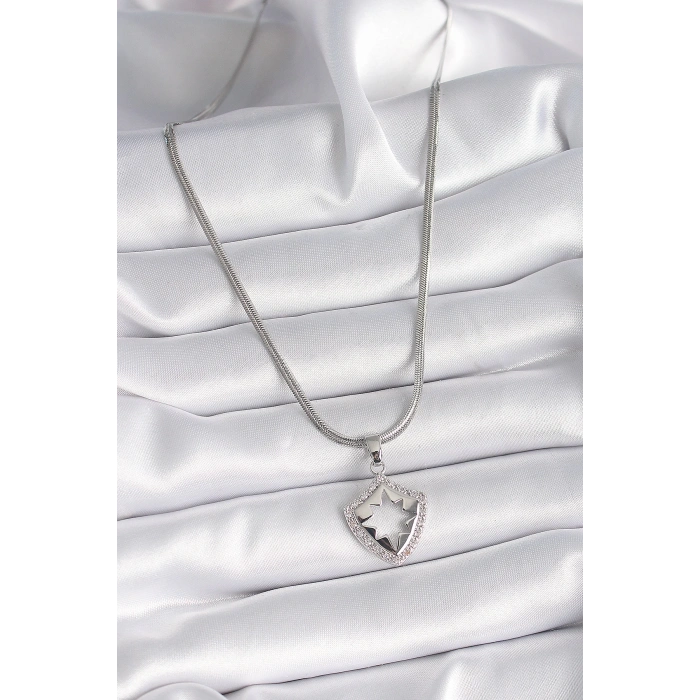 Dodes Dodes 316L Çelik Gümüş Renk İtalyan Zincir Zirkon Taşlı Kutup Yıldızı İşleme Model Kadın Kolye TG27BKO9535