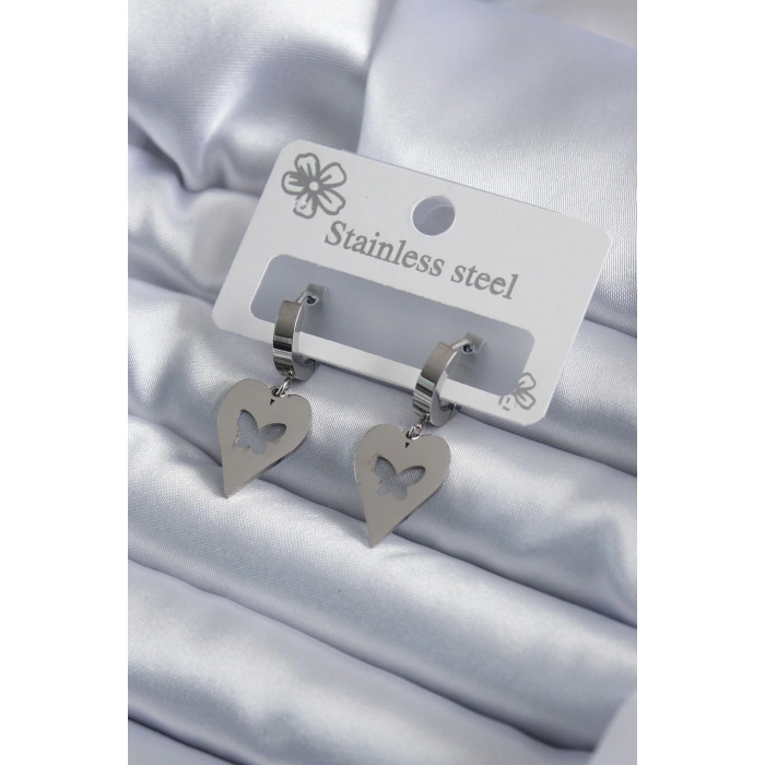 Dodes Dodes 316L Çelik Gümüş Renk Kalp Model Kelebek İşleme Kadın Küpe TG27BKP7950